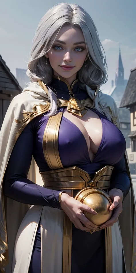 (Female chest covered)(smile) Gray skin, pale golden hair and violet eyes. She prefers clothing of white and silver with cloaks of deep blue or purple, village background, huge_knockers ((very precise detailed)) ((highres)