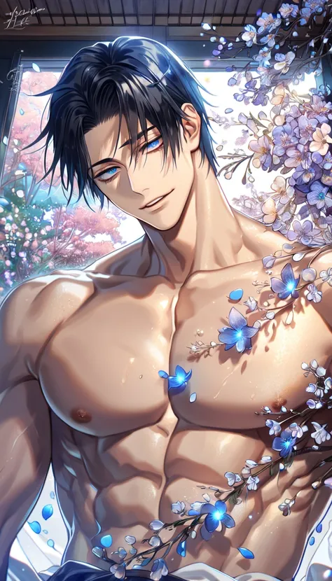 absurdres, highres, ultra detailed, HDR, master piece, Okkotsu Yuuta, black hair, expressive dark blue eyes, bare chest, toned chest, Jujutsu Kaisen, sexy man, room, handsome, best quality, flowers, fantasy, magical, solo, blue shining fireflies, blue peta...