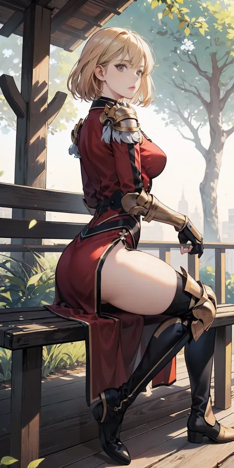 1sologirl (cha hae-in) sitting on wooden bench at park showing back to me, expressionless, looking at viewer, golden armor, leather black collar, shoulder armor, long sleeves, red gloves gauntlets, pelvic curtain, plain breasts, thick thighs, curvy hips, m...