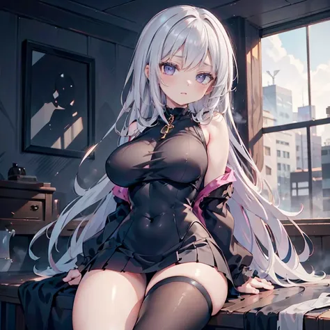 Anime Kawaii sexy Perfect Slim sensual body large breast and huge thighs, An intricate and highly detailed illustration of anime (Young girl). "A 17 year old girl with a voluptuous body, pale and delicate skin, long straight white hair, bright and expressi...