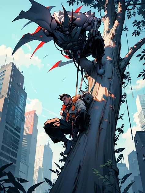 Man with cybernetic arms climbing a giant tree in the middle of a city