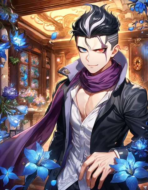 absurdres, highres, ultra detailed, HDR, master piece, Gundham Tanaka, black hair, heterochromia, expressive right red eye, gray left eye, purple scarf, black coat, white shirt, Danganronpa, sexy man, room, handsome, best quality, flowers, fantasy, magical...