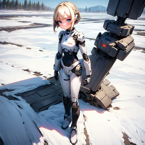 Ultra detailed, full background, Full body version, Grassroots, background in snow field, (solo, kid girl, cyborg, blue eyes, sad eyes, blonde color hair, bob hairstyle, Boots), standing gesture, full robotic outfit 