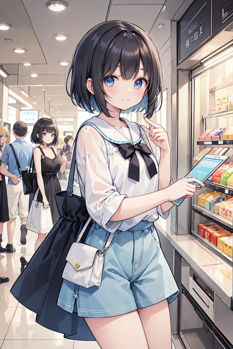 Photorealistic、Highest quality、Highest Resolution、Highest quality、８Ｋ、1人のBeautiful woman、Beautiful woman、Beautiful woman、cute、Bob cut hair、Dark Hair Color、Pale blue eyes、Casual Style、黒のcuteノースリーブ、Light blue shorts、cute厚底サンダル、smile、looks fun、Inside the depar...