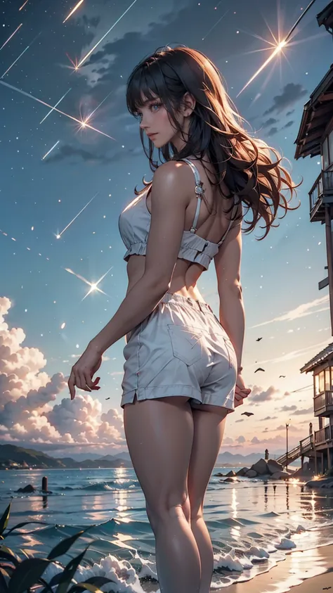 ((masterpiece, Highest quality)), At night, Light clothing, girl, Put one foot in the sea using only your toes, girl standing, girl sideways, girl between the horizon and the sea, Side view, Ripples spread from my toes, The scene is about 20 metres away., ...