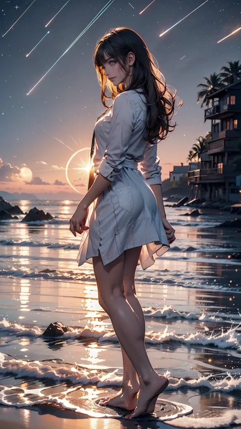 ((masterpiece, Highest quality)), At night, Light clothing, girl, Put one foot in the sea using only your toes, girl standing, girl sideways, girl between the horizon and the sea, Side view, Ripples spread from my toes, The scene is about 20 metres away., ...