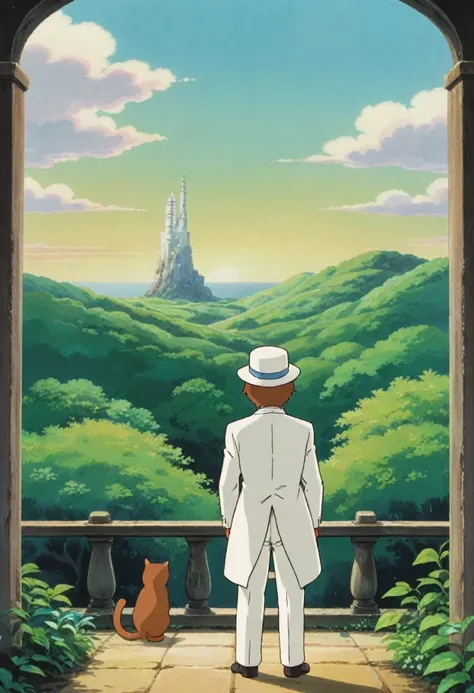 A scene from a Ghibli movie,A gentlemanly brown cat wearing a white hat and a white tuxedo is standing with his back to the camera、 Scenery of Ghibli、