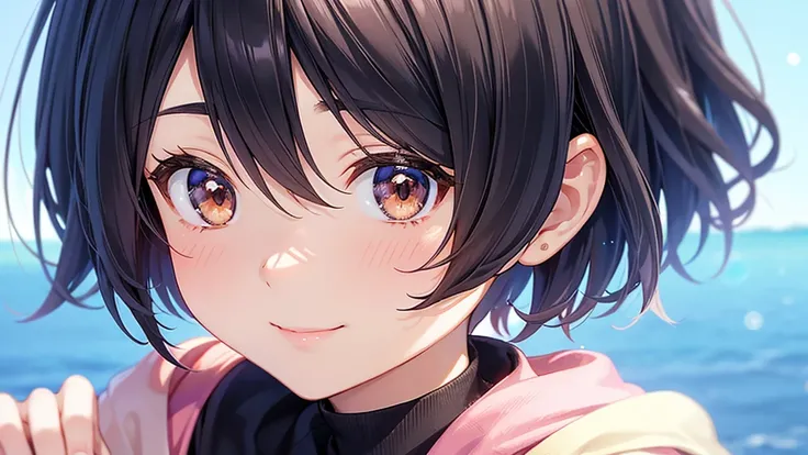 Close-up of the smartphone screen showing Yuis avatar. Yui appears as a friendly, approachable young woman with short, stylish hair and a warm smile. Her design is a balance between realism and anime style. The avatar is surrounded by a soft, glowing aura