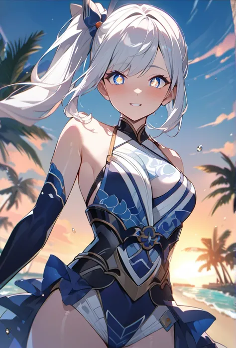 Beach、Swimwear、colorful、pop、One Girl、sunlight、Palm tree、Dynamic Angleasterpiece,Highest quality))、Beautiful eyes、Glowing Skin、Sunburn、They seem to be having fun.、Beach、Swimwear、colorful、pop、One Girl、sunlight、Palm tree、Dynamic Angleasterpiece,Highest qualit...