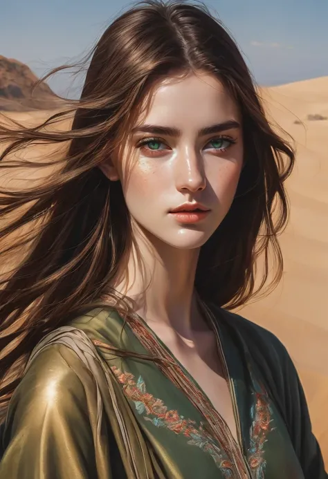 19 year old girl , high, slim, , long , dark copper hair blowing in the wind, subtle freckles, green eyes, walks through the desert towards the viewer, dressed in loose flowing embroidered clothes, which gradually turn into sand and are carried by the wind...