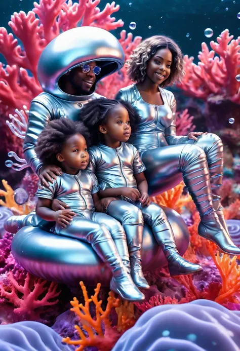 Wide angle shot of happy black babies dressed in silver clothes and sitting on top of floating giant jelly fish, in outer space surrounded by beautiful vibrant coral reefs with water ripples, the scene providing a beautiful and vibrant cinematic look, ultr...