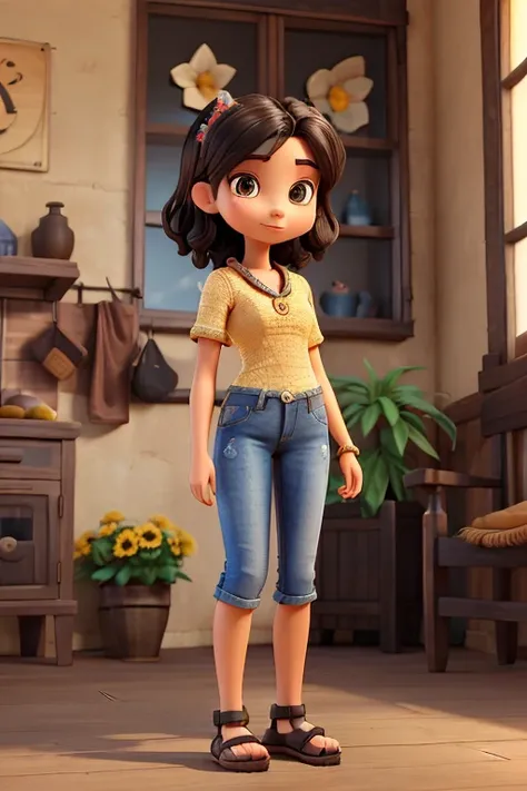 A woman with low height, thin waist, wide hips, brown eyes, short wavy black hair, with makeup, wearing denim shorts and a black crochet blouse, with a kitten in her arms, wearing sandals, 3D flower photo scene