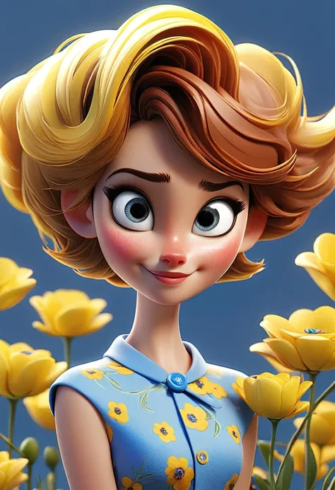 create a 3d illustration, model realisitic, exuberant, woman sofisticaded, really short hair, luxury, realisitic, vivid blue eyes, ninth time, Pixar-style, fashionable,smiling, happy face, yellow flower dress, vivid blue short cut hair, Search for the came...