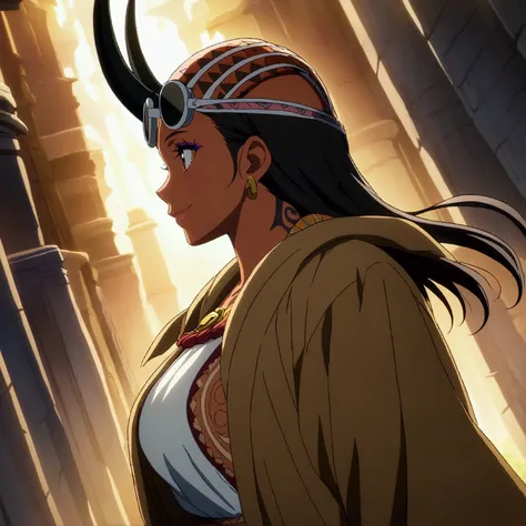 Black woman, muscular and large physique, beautiful makeup, navigator glasses, horns on her head, tribal tattoos, brown overcoat, white blouse, cheerful smile, "Anime design inspired by One Piece, filled with dramatic and impressive lighting, profile portr...