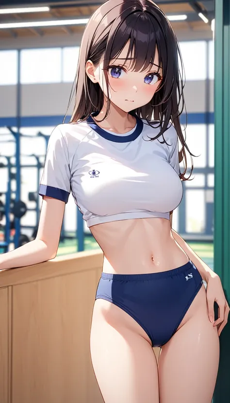 高いquality illustration, masterpiece, Very delicate and beautiful, Attractive girl,(White gym clothes、Navy blue underwear),thin,Slender body,slim、high school,Sports warehouse background,Princess, Beautiful Eyes,Embarrassed、blush、Surprised、(masterpiece, High...