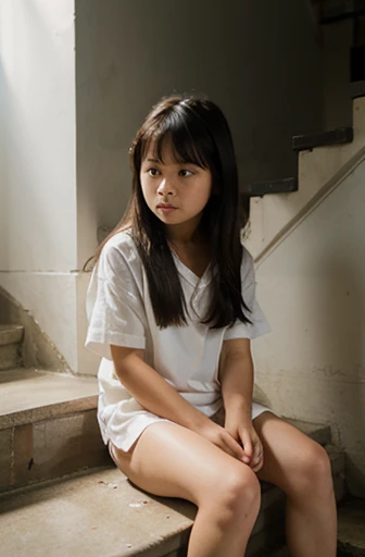 Japanese girl 10 yo, sitting on stairs, white panties, looking on camera, being ashamed