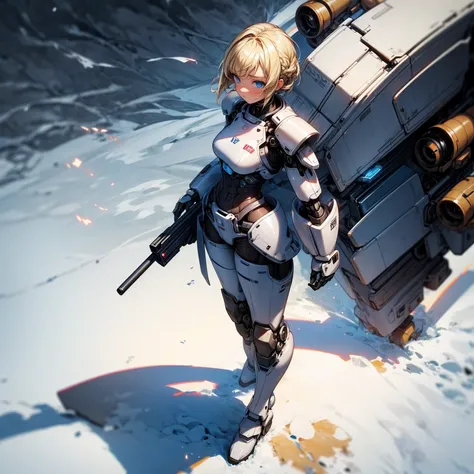 Ultra detailed, full background, Full body version, Grassroots, background in snow field, (solo, girl, cyborg, blue eyes, sad eyes, blonde color hair, bob hairstyle, pants, Boots), standing gesture, full robotic outfit, largest armor robotic, shotgun robot...