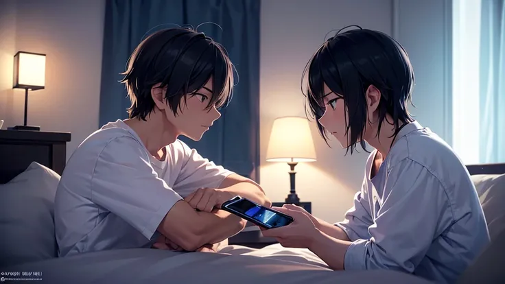 Profile view of Kenji sitting on his bed, illuminated by the blue light of his smartphone. His expression is thoughtful and slightly amazed. The room is dark except for the phones glow, creating a intimate atmosphere.Living alone