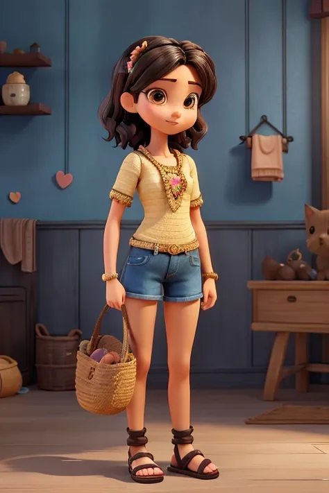 A woman with low height, thin waist, wide hips, brown eyes, short wavy black hair, with makeup, wearing denim shorts and a black crochet blouse, with a kitten in her arms, wearing sandals, 3D flower photo scene