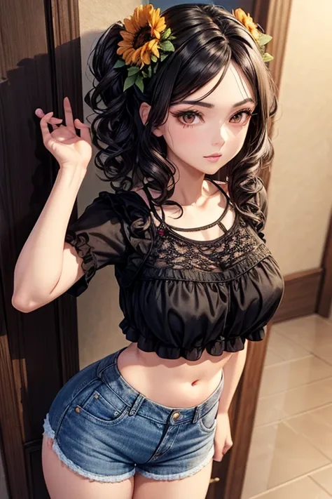 A woman with low height, thin waist, wide hips, brown eyes, short wavy black hair, with makeup, wearing denim shorts and a black crochet blouse, with a kitten in her arms, wearing sandals, 3D flower photo scene