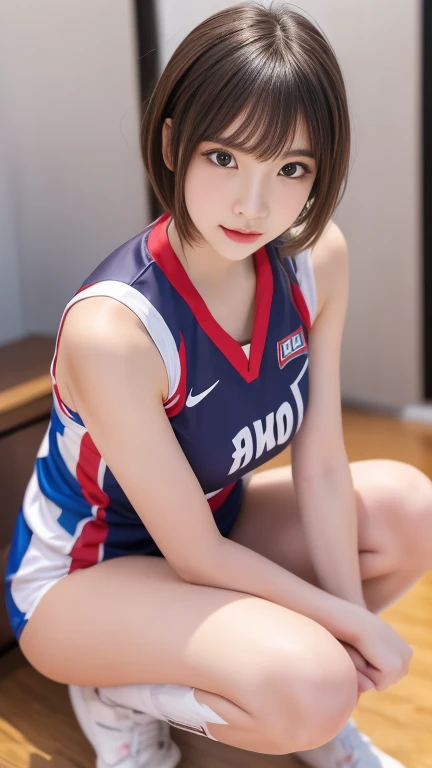 Highest quality, figure, Very detailed, The finer details, High resolution, wallpaper, Perfect dynamic composition, (Detailed high quality, Realistic depiction of eyes:1.3), (short hair volleyball player, Tight clothing, locker room, (Large Breasts), Black...