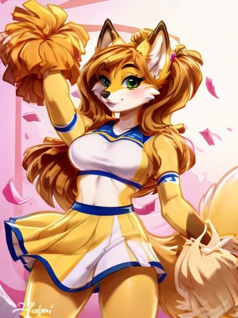 (by pollo chan), liz, fox girl, yellow fur, white countershading, green eyes, fox ears, animal nose, fox nose, black nose, fox t...