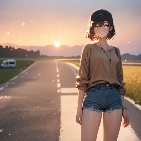 A woman wearing a brown casual shirt, brown hair, short hair, yellow eyes, denim shorts, casual sneakers, with a casual cap, near a motorhome, on a concrete road, road in a large field, large background with grass, place at sunset, perfect face, perfect ey...