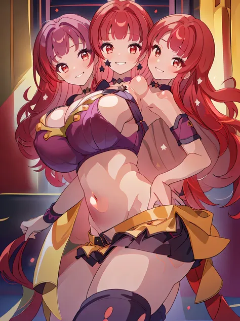 (masterpiece, best quality), best resolution, (3heads:1.5), 1girl, red hair, redhead, long flowing hair, star decoration on hair, smiling, seductive smile, smirk, open belly, dark purple crop top, dark purple miniskirt, open breasts, very huge tits, sexy p...