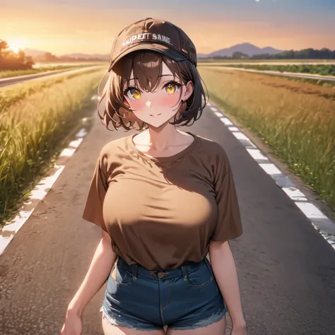 A woman wearing a brown casual shirt, mature, big breast, brown hair, short hair, yellow eyes, denim shorts, casual sneakers, with a casual cap, near a motorhome, on a concrete road, road in a large field, large background with grass, place at sunset, perf...