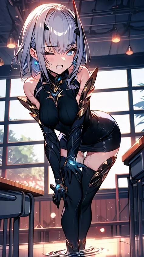 (whole body),Explain the whole,Browsing Caution,最high quality,High resolution, Very detailed,Game CG,Dutch Angle,緻密でBeautiful Eyes,beautiful girl,Chest Focus,(Captivating smile), (Spread your legs), (Please put your feet up), leotard，armor, 装甲dress, Black ...