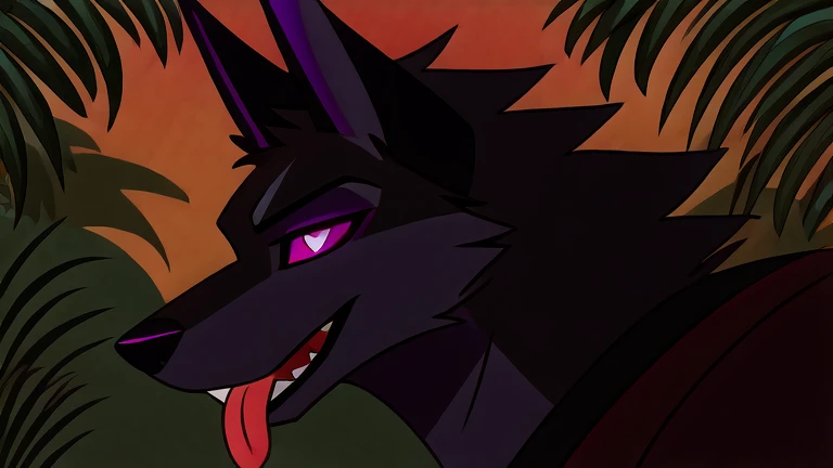 (masterpiece, best quality:1.2), Anubis hellhound, wolf, furry, black fur, helluva boss, glowing purple eyes, tongue out, he wears a black t-shirt with a gray vest with red spikes on the shoulders and black pants. marching on all fours, jungle background, ...