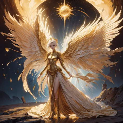 Art of Woman Wearing Sun Crown, Wearing a gorgeous golden breastplate that exposes a small amount of skin above the chest, Wearing a gorgeous golden dress, A pair of giant angel wings taller than the body spread out behind the woman., ancient goddess art, ...