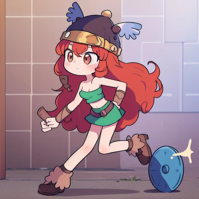 ((masterpiece, best quality)),(complex light), 1girl, solo, full body, barbara,  long hair, red hair,  brown hat with goggles, brown skirt, blue tube top, curly hair, brown shoes