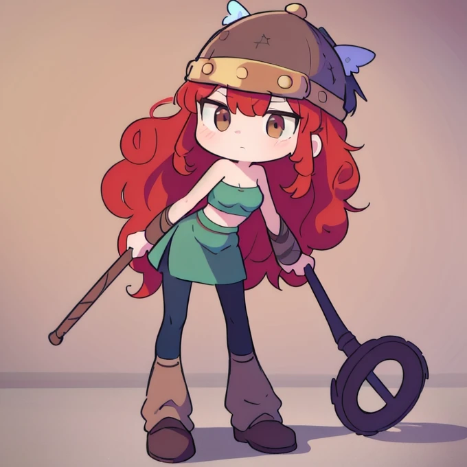 ((masterpiece, best quality)),(complex light), 1girl, solo, full body, barbara,  long hair, red hair,  brown hat with goggles, brown skirt, blue tube top, curly hair, brown shoes