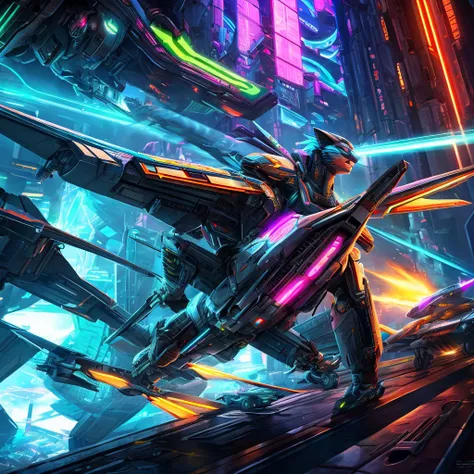 a winged anthropomorphic cat piloting a futuristic jet fighter, detailed mechanical design, intricate machinery, dynamic action pose, vibrant neon cyberpunk colors, dramatic lighting, cinematic composition, hyper-detailed, 8k, award winning digital art