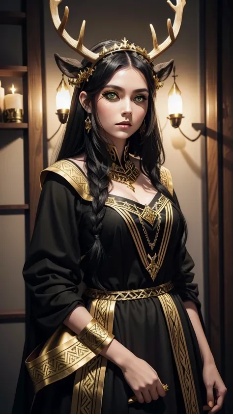 White girl with green eyes and black hair with dark viking makeup wearing a golden deer antlers crown and a black and gold viking dress