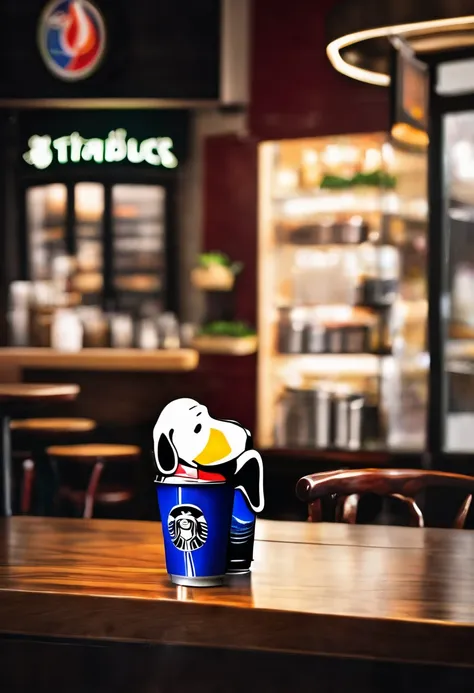 CREATE A BEAUTIFUL PHOTOGRAPH THAT SHOWS SNOOPY IN A STARBUCKS HAVING HIS COFFEE AND A HAM HORN AND HE HAS A COLD PEPSI ON HIS TABLE, photo, illustration, cinematic