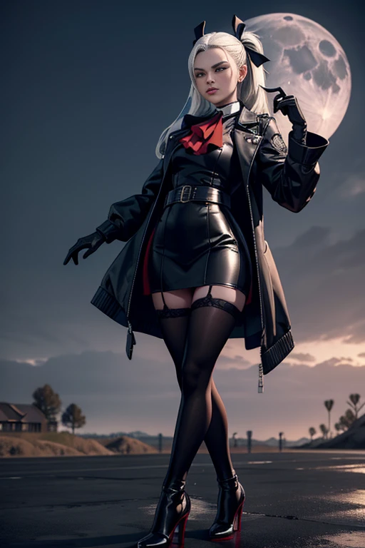 photo the Edelgard_academy, hair ribbon, Black jacke, black gown, ascot, red pantyhose, whitegloves, high-heels, walking on the battlefield, moonlights, fullmoon, Youngh, adolescent, (skinny), mic , mic, 1 girl, (((3d, videogame))),work of art, best qualit...