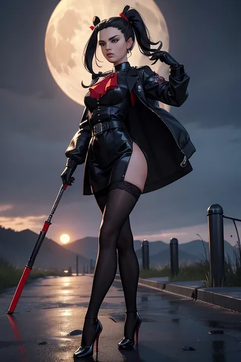 photo the Edelgard_academy, hair ribbon, Black jacke, black gown, ascot, red pantyhose, whitegloves, high-heels, walking on the battlefield, moonlights, fullmoon, Youngh, adolescent, (skinny), mic , mic, 1 girl, (((3d, videogame))),work of art, best qualit...