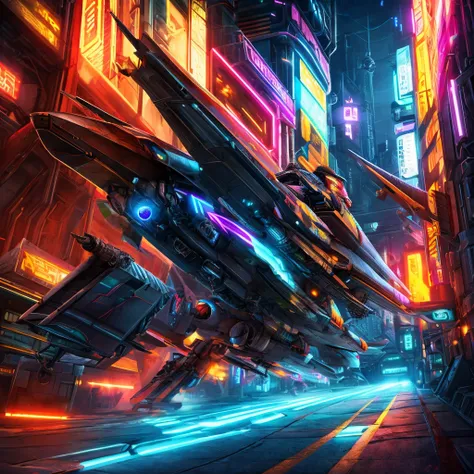 anthropomorphic cat, jet fighter,detailed mechanical design,intricate machinery,dynamic action pose,vibrant neon cyberpunk colors,dramatic lighting,cinematic composition,hyper-detailed,8k,award winning digital art