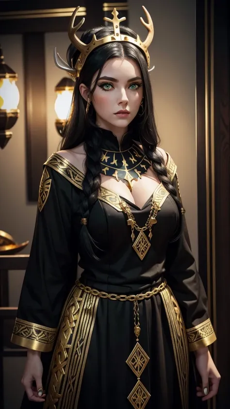 White girl with green eyes and black hair with dark viking makeup wearing a golden antler crown and a black and gold viking dress