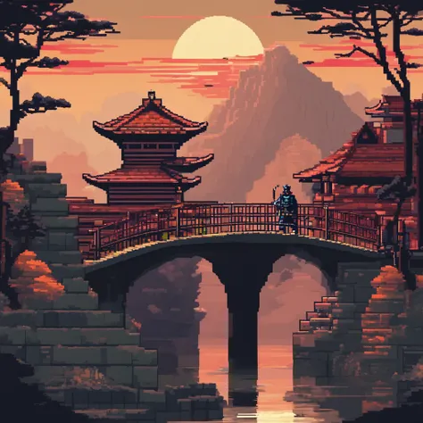 Samurai, with a paladin, crossing a bridge, during the evening.