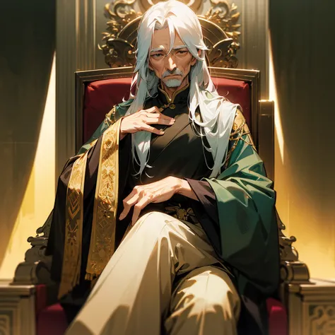 high resolution、A dignified king of a man。Old Man King。
Sitting on the throne。
Lavishly decorated costume。Fantasy
