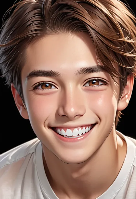 the boy is smiling and wearing a white shirt, transparent background png, solo, smile, 1boy, male focus, looking at viewer, realistic, teeth, brown hair, grin, portrait