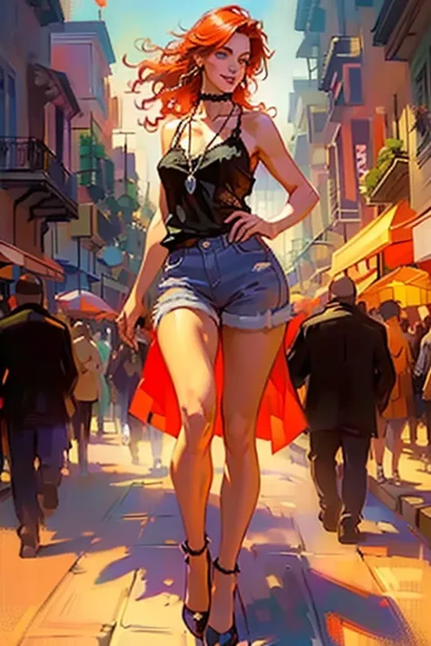 (Mardi Gras),New Orleans, French Quarter. ((full body:1.3)),(lustful eyes, laughter:1.2).,(ultra realistic illustration:1.3).Sexy 23yo French woman, dyed red hair, green eyes. fit, natural perky breasts, perfect round ass, (suntan). (bangs, long hair:0.8),...