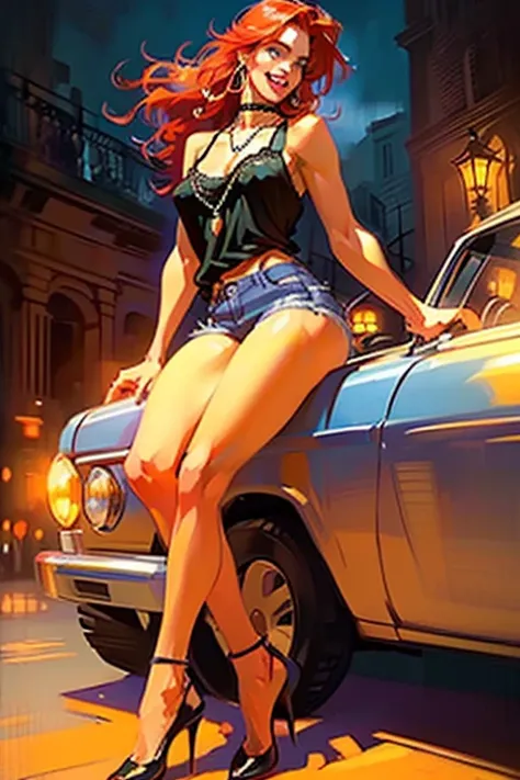 ((night)),(Mardi Gras),New Orleans, French Quarter. ((full body:1.1)),(lustful eyes, laughter:1.3).,(ultra realistic illustration:1.3).Sexy 23yo French woman, dyed red hair, green eyes. fit, natural perky breasts, perfect round ass, (suntan). (bangs, long ...