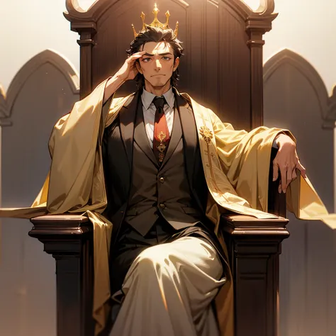 high resolution、A dignified king of a man。A well-built middle-aged man, the king。Wearing a crown。Take off your tie.。
Sitting on the throne。
Lavishly decorated costume。Fantasy
