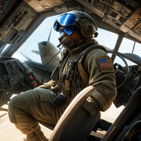 a highly detailed anthropomorphic cat pilot, sitting in the cockpit of a military jet, wearing a flight suit, aviator sunglasses, and a flight helmet, photorealistic, 8k, hyperrealistic, studio lighting, extremely detailed, cinematic composition, striking ...