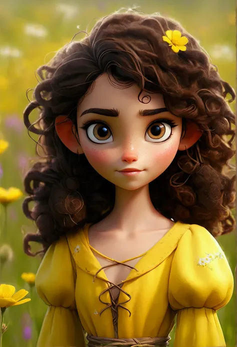 Brunette girl with beautiful eyes and a tender smile and dark curly hair, dressed in yellow and standing in a field of beautiful wildflowers. And with fairy dust.