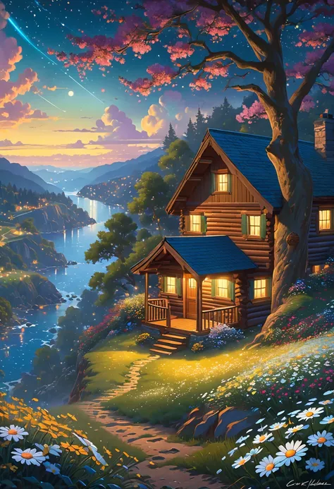 masterpiece, UTRA HD, 8k ,FULL anime-realistic scene of a cabin under a tree, on the edge of a cliff, a field with daisy flowers, that serene night, quiet, , with some small fireflies emerging from the grassland,ULTRA Style Kilian Eng and Thomas Kinkade, R...